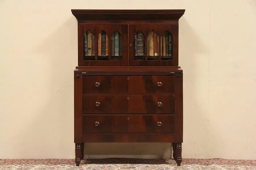 Main image of Secretary Desk & Bookcase, 1840 Antique, Gothic Wavy Glass Windows