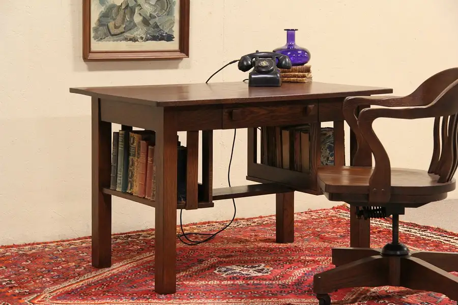 Main image of Arts & Crafts Mission Oak Antique 1905 Library Table Writing Desk, Bookshelves