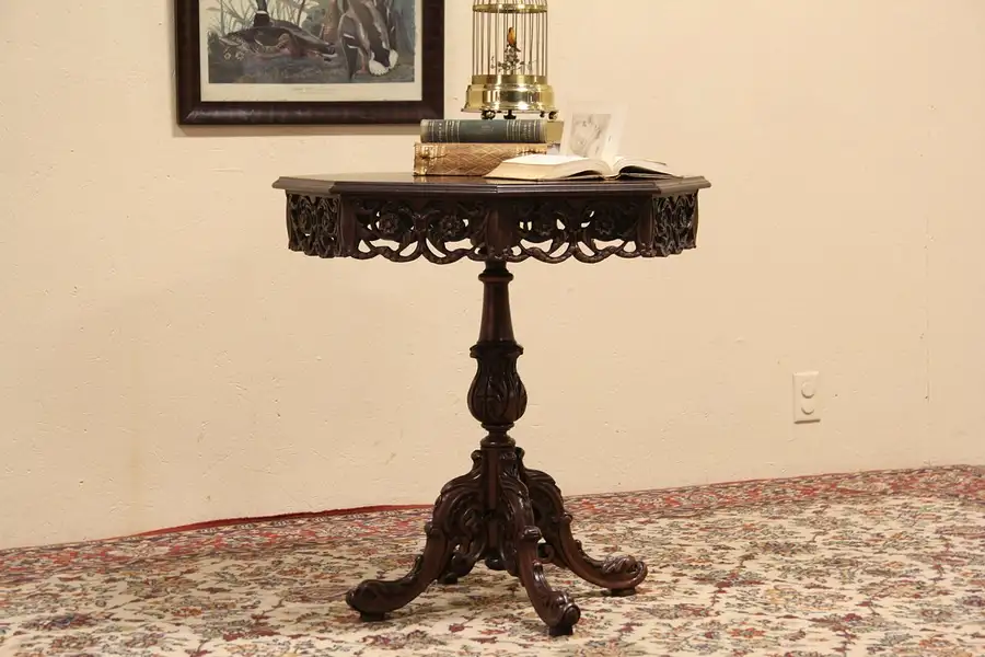 Main image of Octagon 1920 Antique Center or Lamp Table, Carved Dolphin Feet