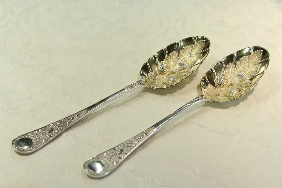 Main image of English Victorian Antique 1890 Pair Silver Plate Berry Serving Spoons
