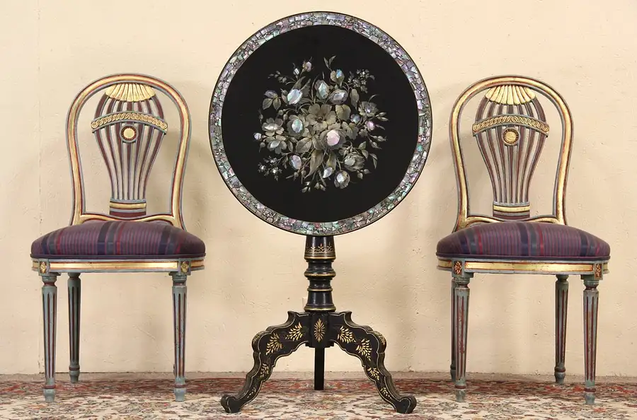 Main image of Victorian 1850's Antique English Tilt Tea Table, Hand Painted, Pearl Inlay