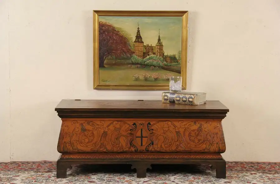 Main image of Carved 1910 Signed Cedar Chest Coffee Table, Guest Welcome Inscription