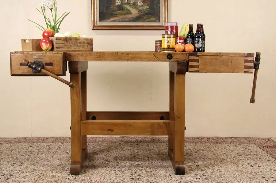 Main image of Carpenter 1900 Antique Ohio Workbench, Kitchen Island or Wine Tasting Table