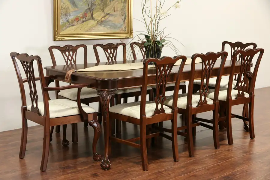 Main image of Georgian 1940's Vintage Carved Mahogany Dining Set, Table, 5 Leaves, 8 Chairs