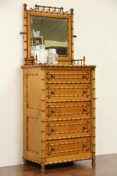 Main image of Curly Birdseye Maple Bamboo Antique 1870's Tall Chest with Mirror