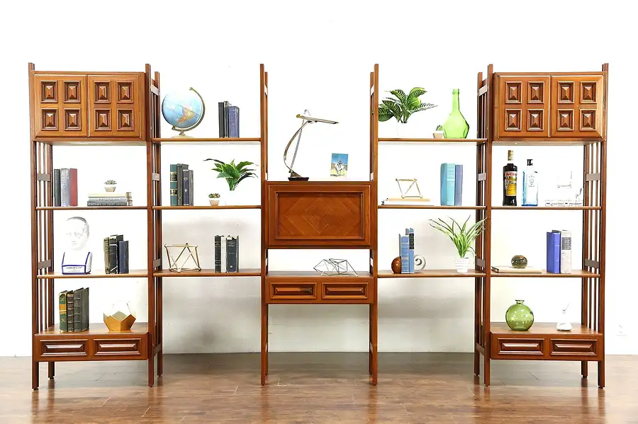 Main image of Teak Midcentury Modern 1960 Vintage Modular Wall Unit with Desk, 10' 6" Long