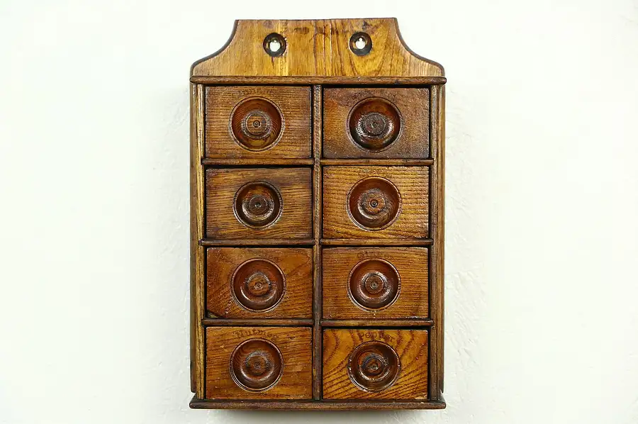 Main image of Oak 8 Drawer 1890's Antique Hanging or Countertop Spice Cabinet