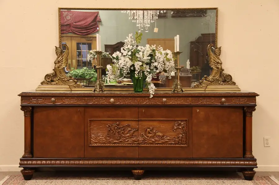 Main image of Carved Marble Top Sideboard Credenza & Mirror