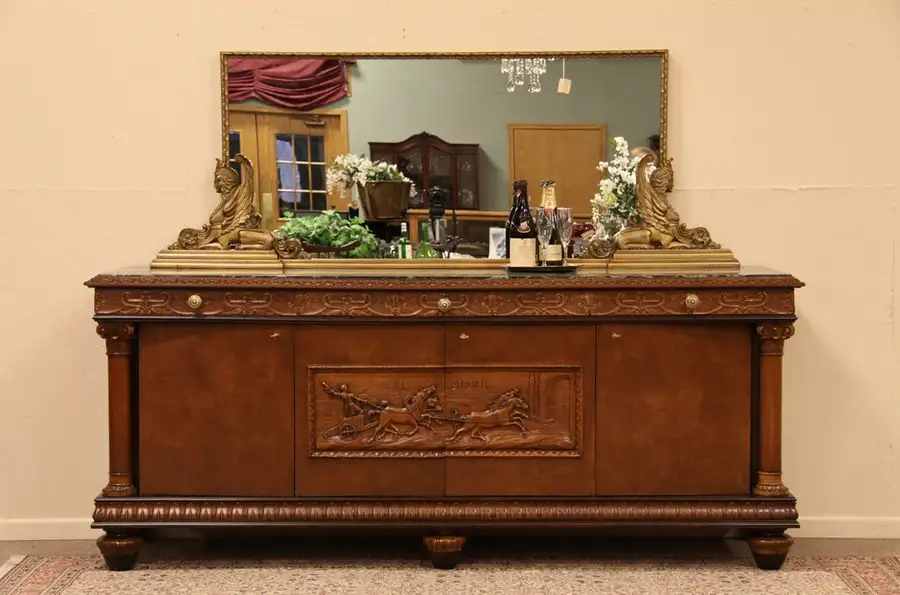 Main image of Carved Marble Top Credenza Sideboard & Mirror