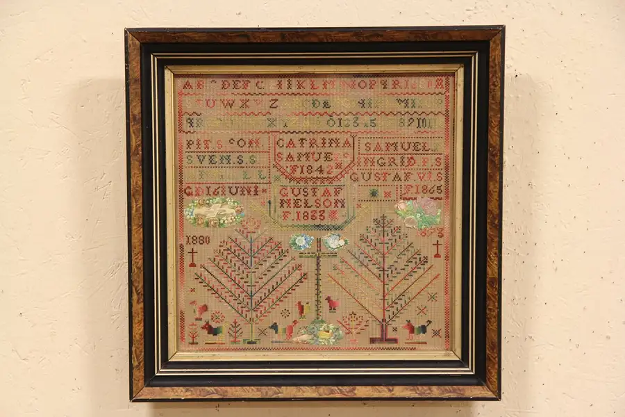 Main image of Needlework 1880 Dated Antique Sampler, Chickens & Dogs