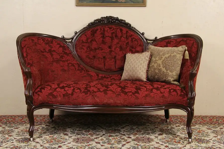 Main image of Victorian 1870 Antique Loveseat, Carved Fruit Crest