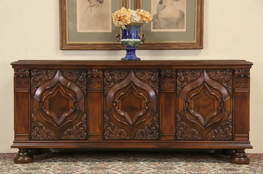 Main image of Renaissance Carved Oak 1920 Antique Sideboard, Credenza or TV Console