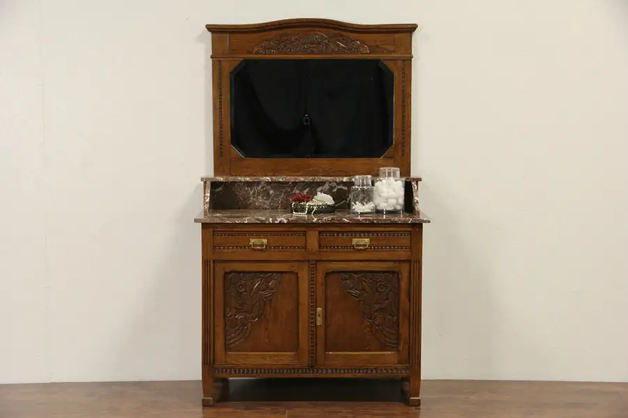 Main image of Oak 1910 Antique Marble Top Bar, Server, Washstand or Vessel Sink Vanity