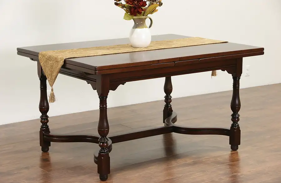 Main image of Tudor Walnut Antique 1910 Dining or Library Table, Pull Out Leaves