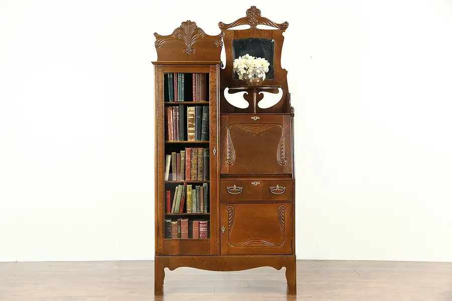 Main image of Victorian Oak 1900 Antique Side by Side Secretary Desk & Bookcase
