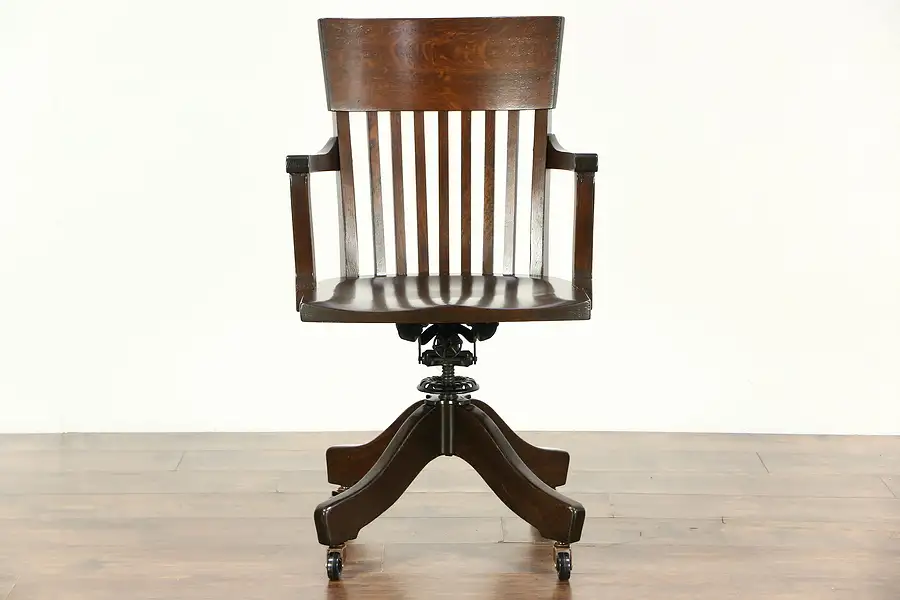 Main image of Oak 1915 Antique Swivel Adjustable Desk Chair, Signed Johnson, Chicago