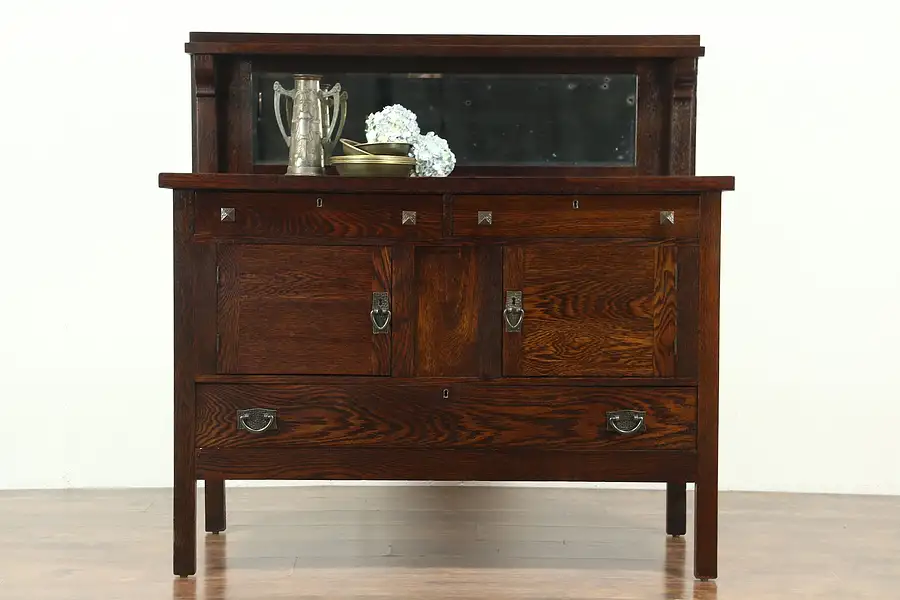 Main image of Arts & Crafts Mission Oak Antique Craftsman Sideboard, Server, Buffet Bev Mirror