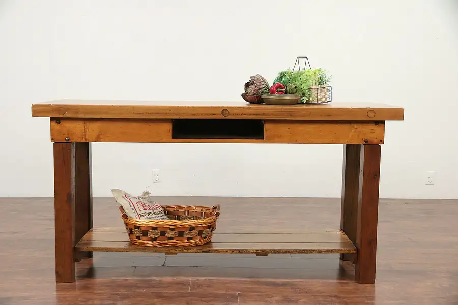Main image of Primitive Antique Work Bench, Kitchen Island, Wine Table, TV Console