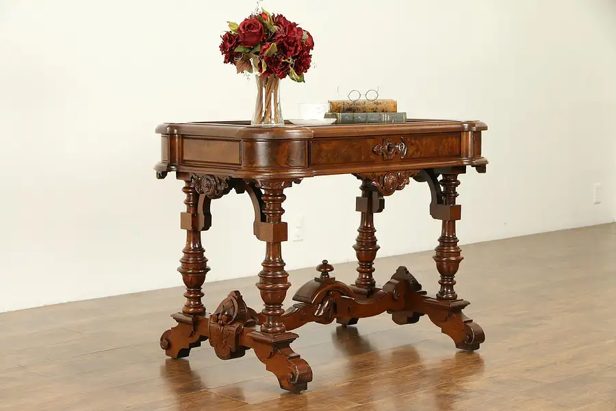 Main image of Victorian Renaissance 1870 Antique Marble Top Walnut Lamp or Parlor Table