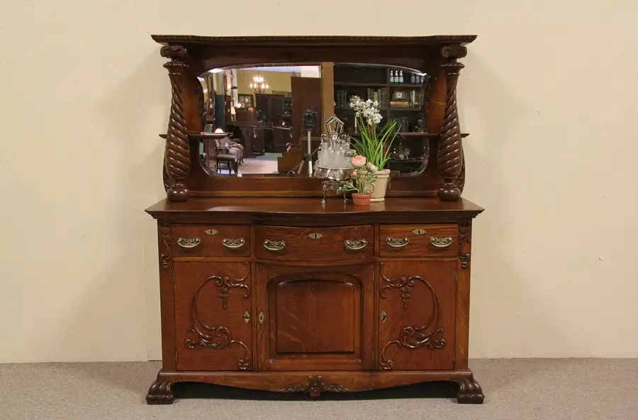 Main image of Victorian Oak 1895 Antique Sideboard Buffet, Beveled Mirror