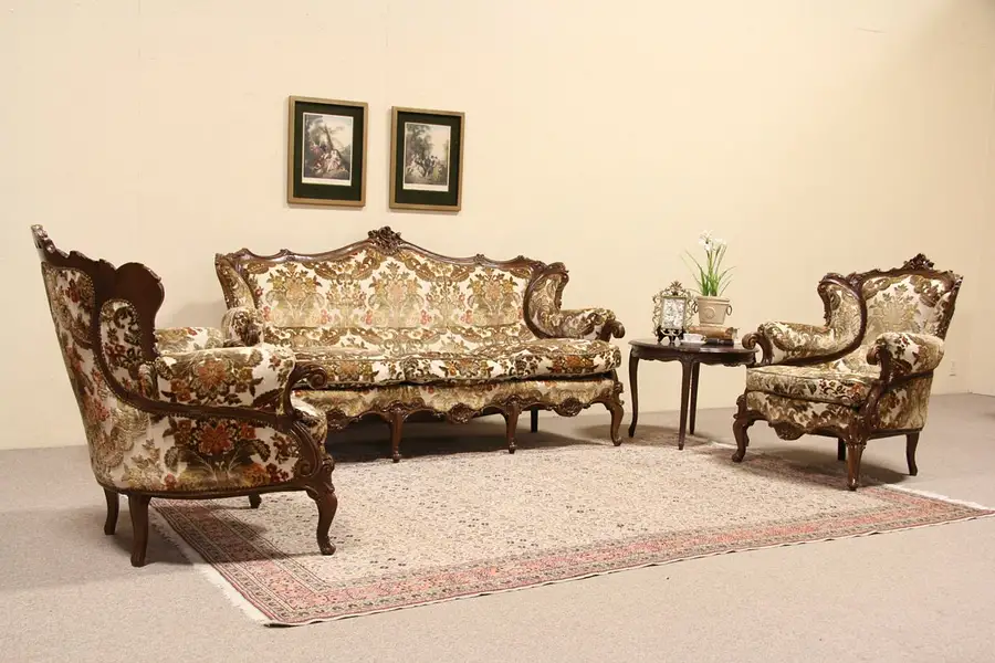 Main image of Three Piece Set, Pair of Baroque Carved Vintage Italian Armchairs and Sofa