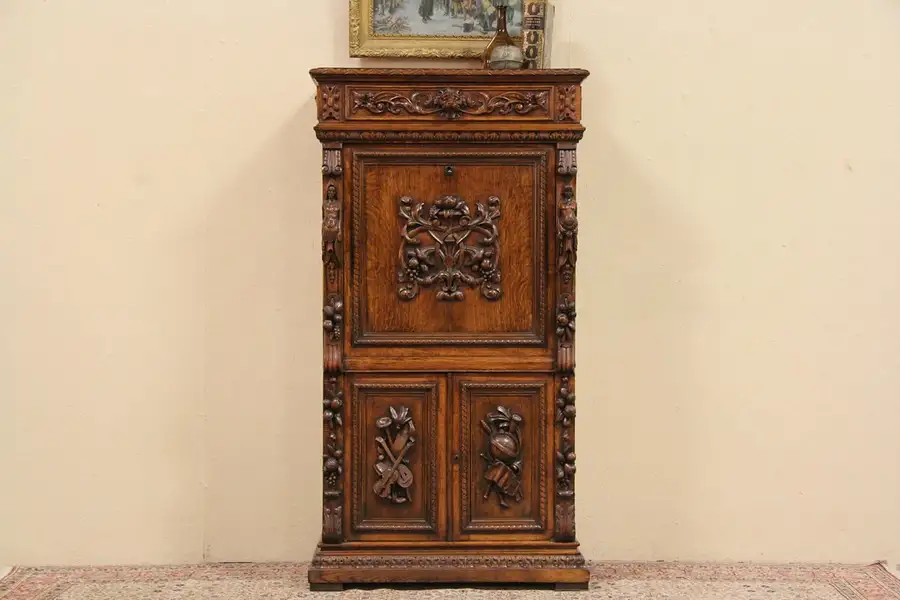 Main image of Carved Oak 1895 Secretary Desk, Lion, Figures, Secret Compartment