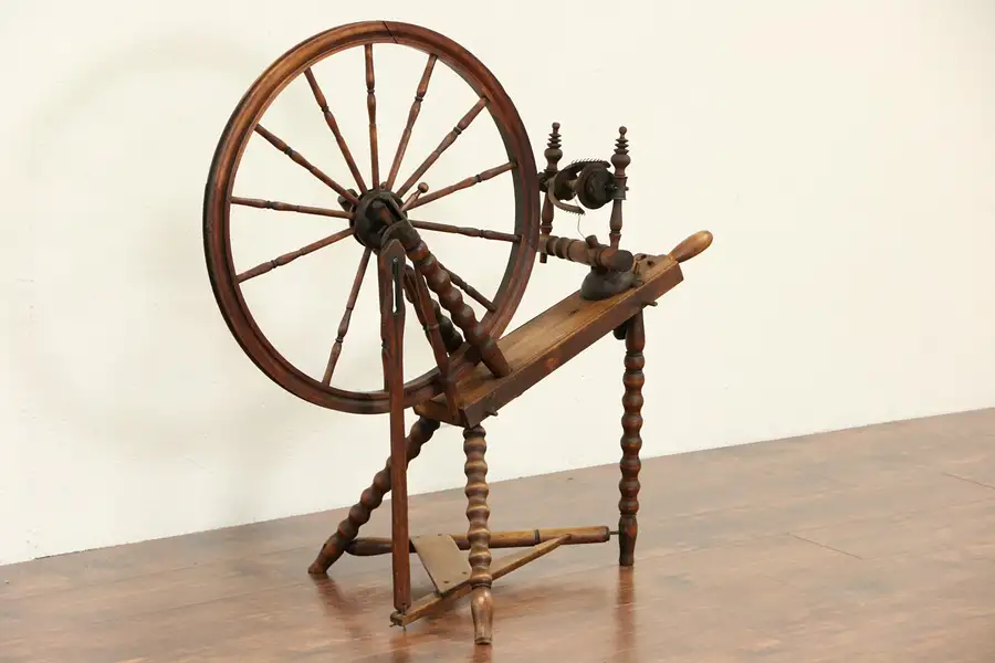 Main image of Spinning Wheel, Hand Made Mid 1800's Antique Spool Turned Legs