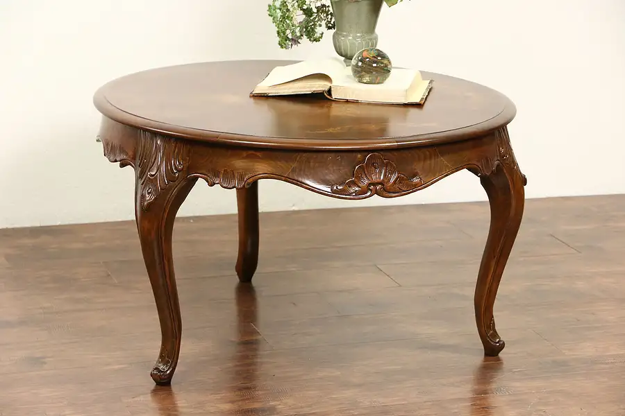 Main image of Country French Carved 1940's Vintage Coffee Cocktail Table, Marquetry Top