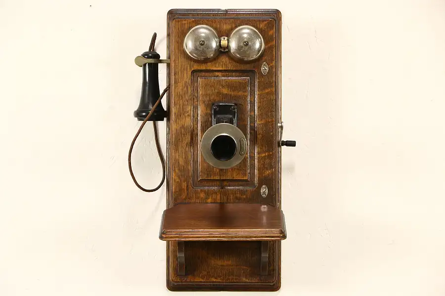 Main image of Oak 1900's Wall Telephone, Generator & Bell, Signed Western Electric