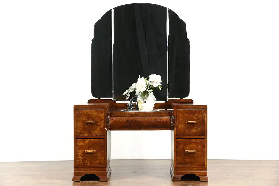 Main image of Art Deco 1935 Vintage Vanity or Dressing Table, Burl & Beveled Mirrors
