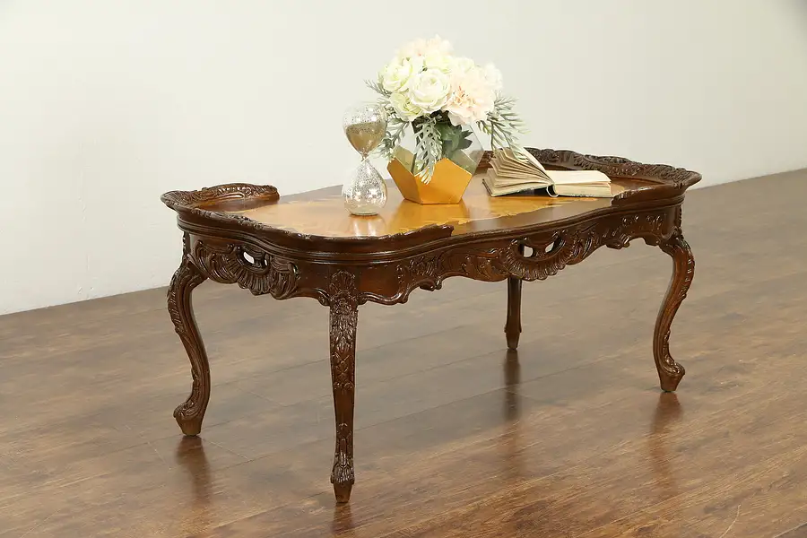 Main image of Marquetry Inlay Carved 1930's Vintage Coffee Table