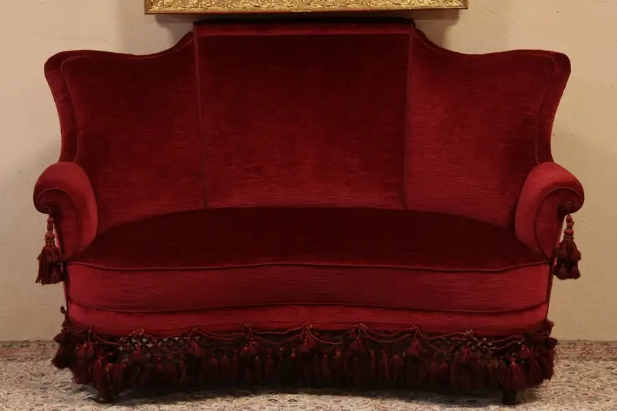 Main image of Curved Antique 1880 Loveseat or Settee with Fringe