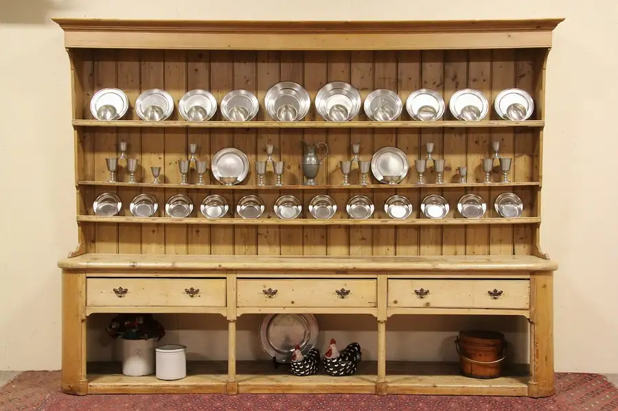 Main image of Pine 13' Antique Welsh Dresser, Pewter Cupboard or Back Bar