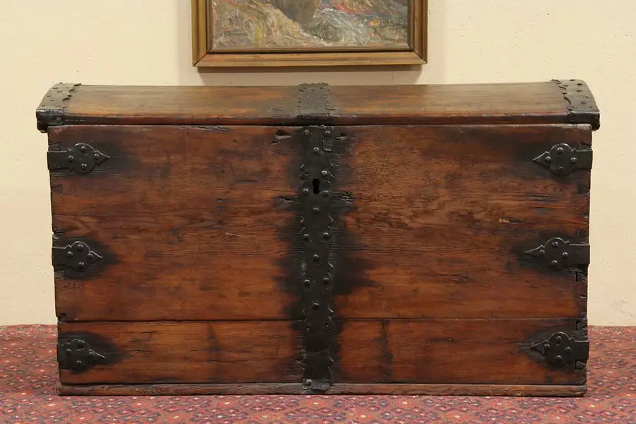 Main image of Pine 1800's Antique Treasure Chest Trunk, Iron Banding