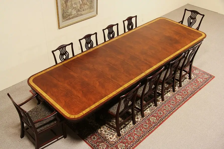 Main image of Georgian Design Banded Mahogany Dining Table, 3 Leaves, Extends 12' 9"