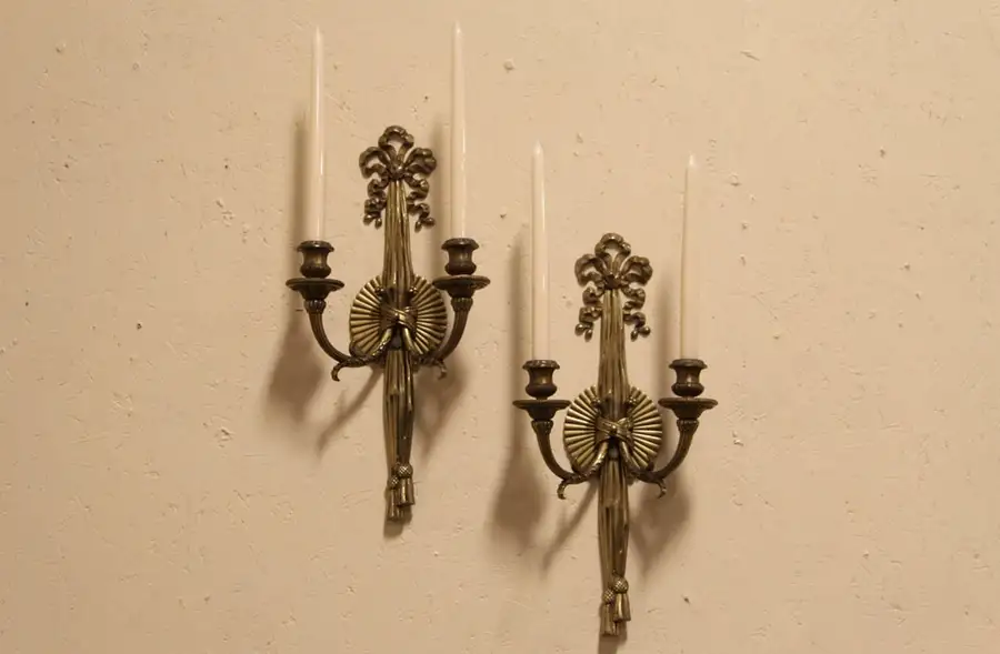 Main image of Pair of French Bronze 1890's Wall Candle Sconces with Sunbursts