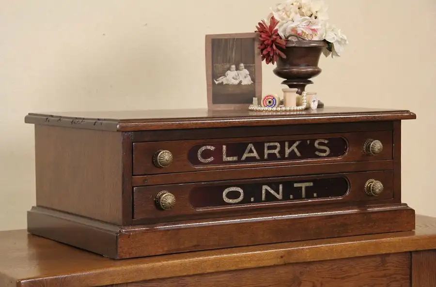 Main image of Clark 1880 Antique Spool Cabinet, Collector or Jewelry Chest, Original Red Glass