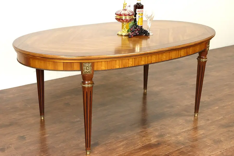 Main image of French Rosewood 1940's Vintage Dining Table, Brass Mounts, Pull Out Leaves