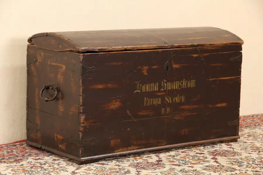 Main image of Swedish Immigrant Signed 1860's Antique Pine Dome Trunk