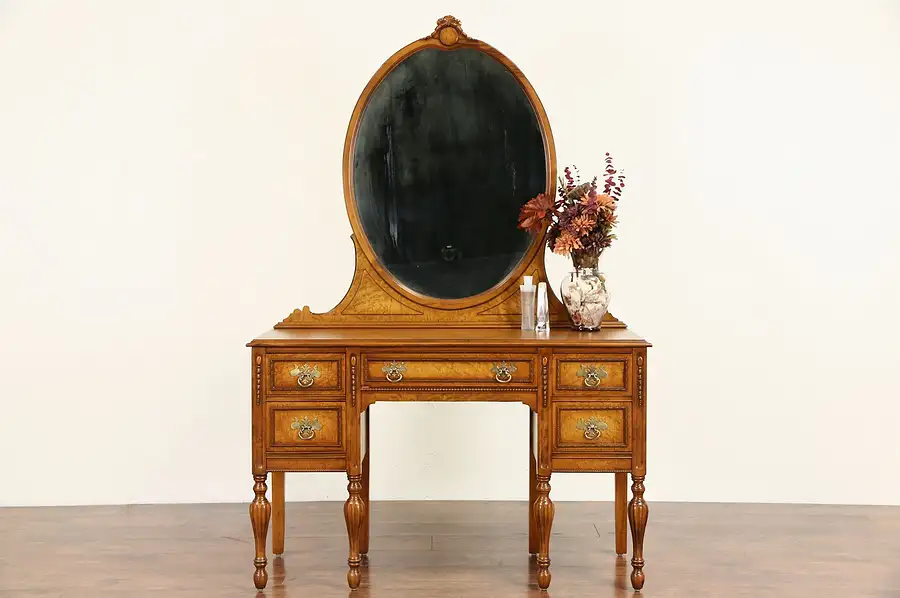 Main image of Curly Birdseye Maple 1925 Antique Vanity, Dressing Table or Desk