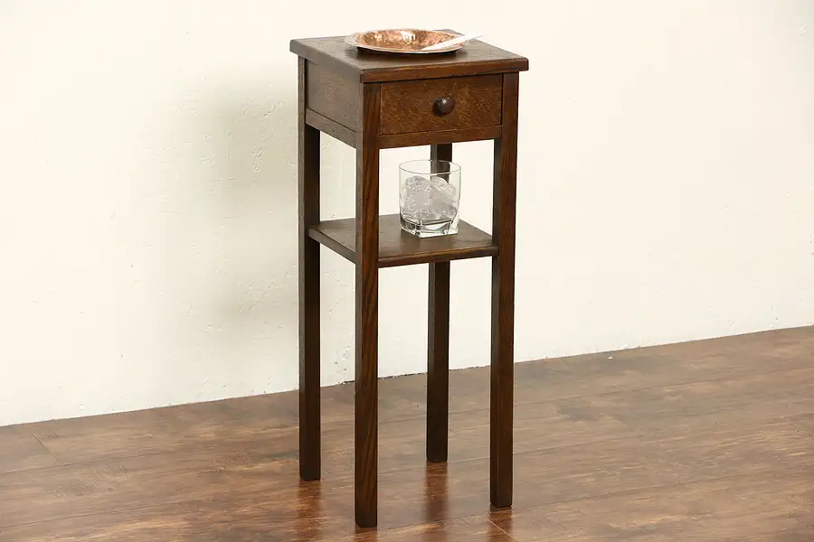 Main image of Arts & Crafts Mission Oak 1910 Antique Smoking Stand, Copper Ashtray