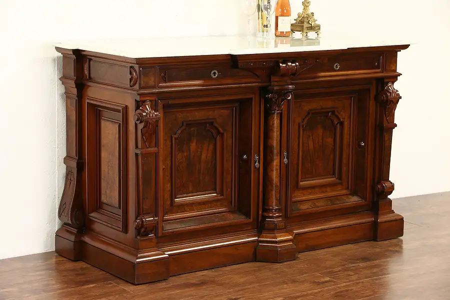 Main image of Victorian Renaissance Antique 1875 Walnut Sideboard Server, Marble Top
