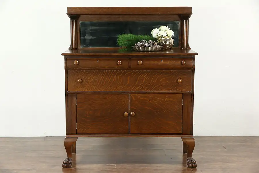 Main image of Empire 1910 Antique Oak Sideboard, Server or Buffet, Lion Paws, Beveled Mirror