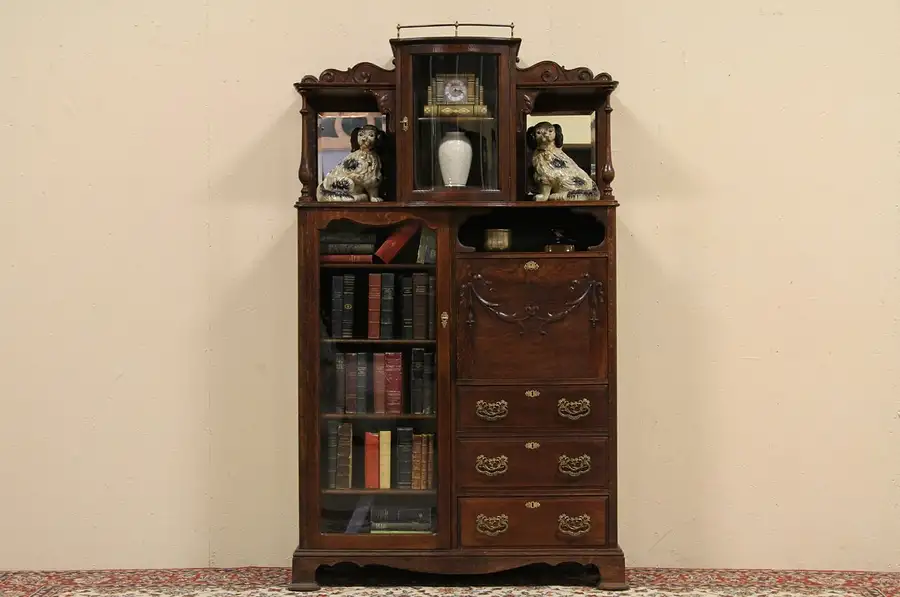 Main image of Oak Side by Side Secretary Desk & Bookcase