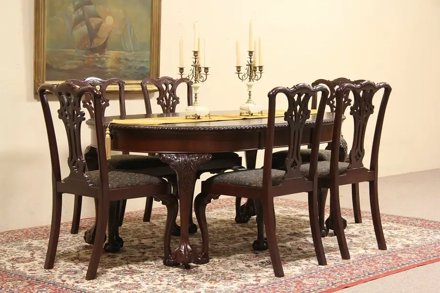Main image of Oval Georgian Chippendale 1895 Dining Table and Six Chairs, Crank Open
