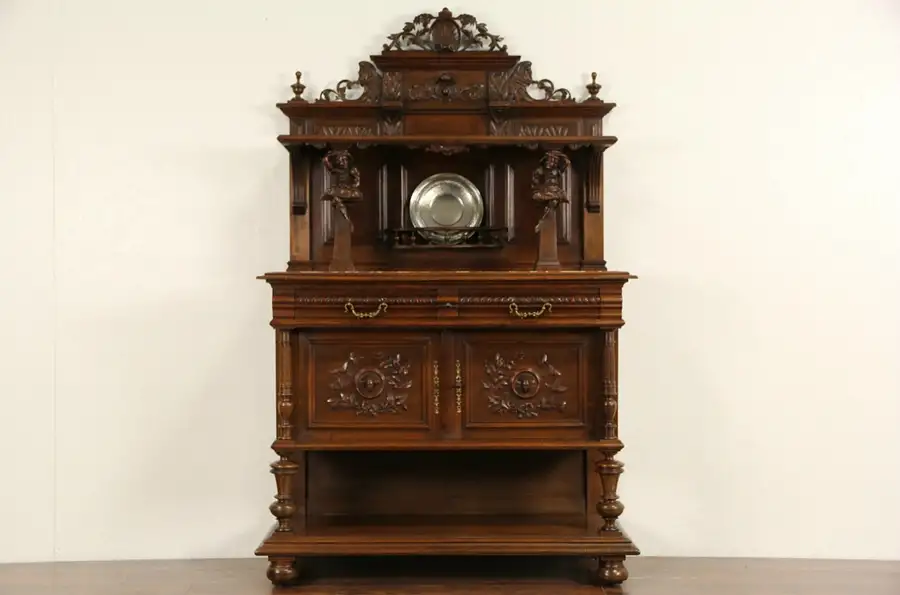 Main image of Danish Carved 1880 Sideboard Server, Marble Top, Royal Court Jester Sculptures