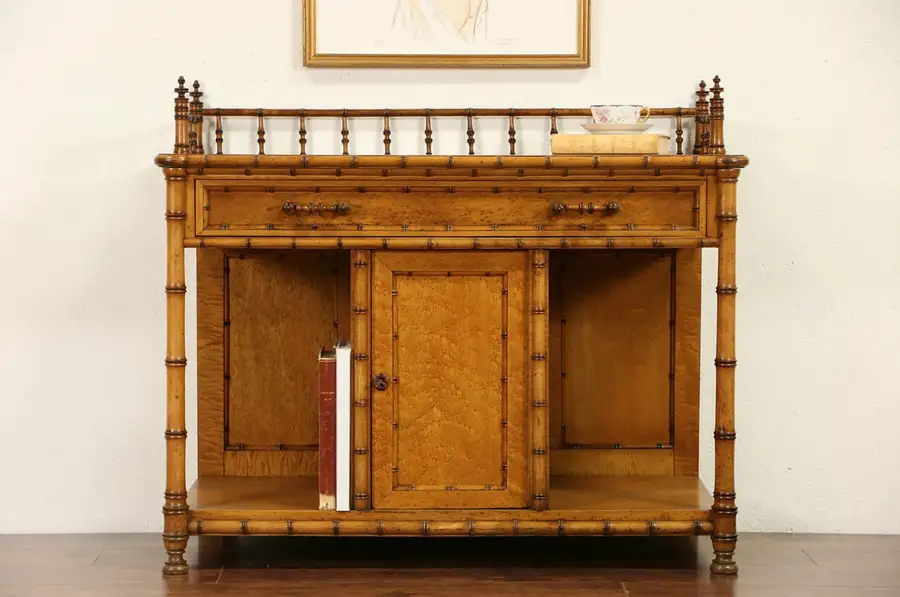 Main image of Curly Birdseye Maple Bamboo Antique 1870 Washstand, Dressing Table, Hall Console