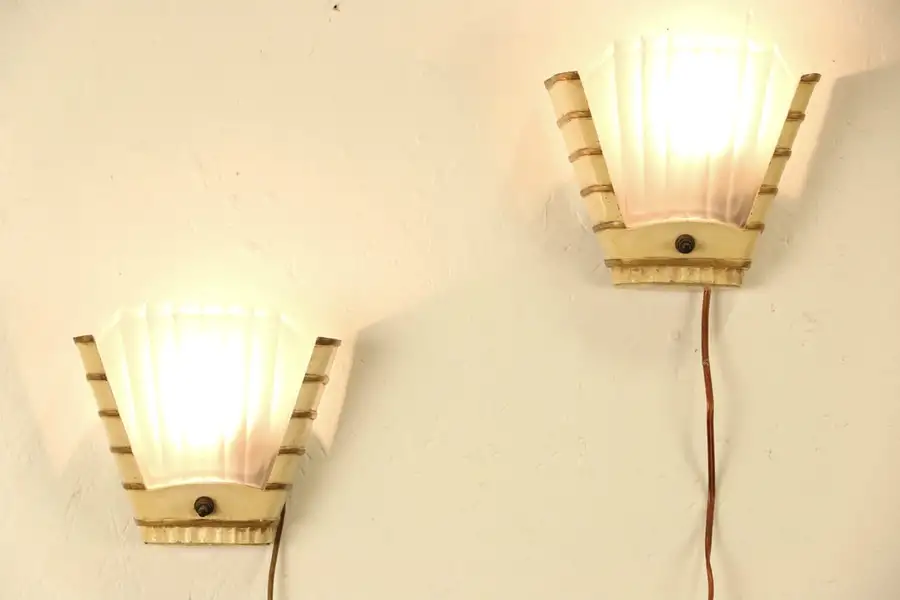 Main image of Art Deco 1930 Vintage Pair of Wall Sconces, Original Frosted Glass, A
