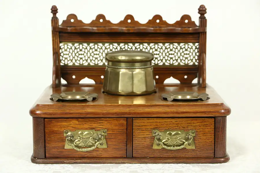 Main image of English Antique 1890 Oak & Brass Tabletop Smoking Stand & Pipe Rack