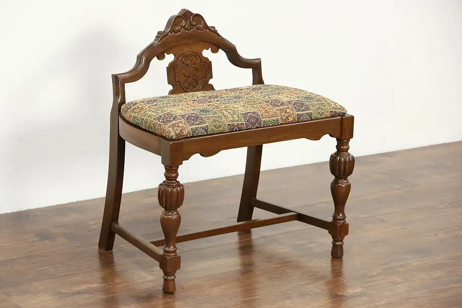 Main image of Maple 1925 Antique Tudor Style Bench, New Upholstery